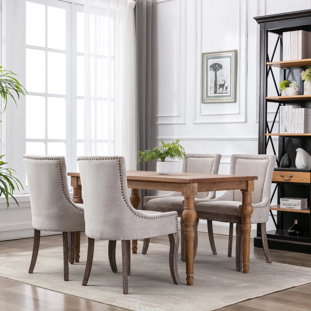 Beige Upholstered Fabric Dining Chairs Set of 6 with Solid Wood Legs H45681