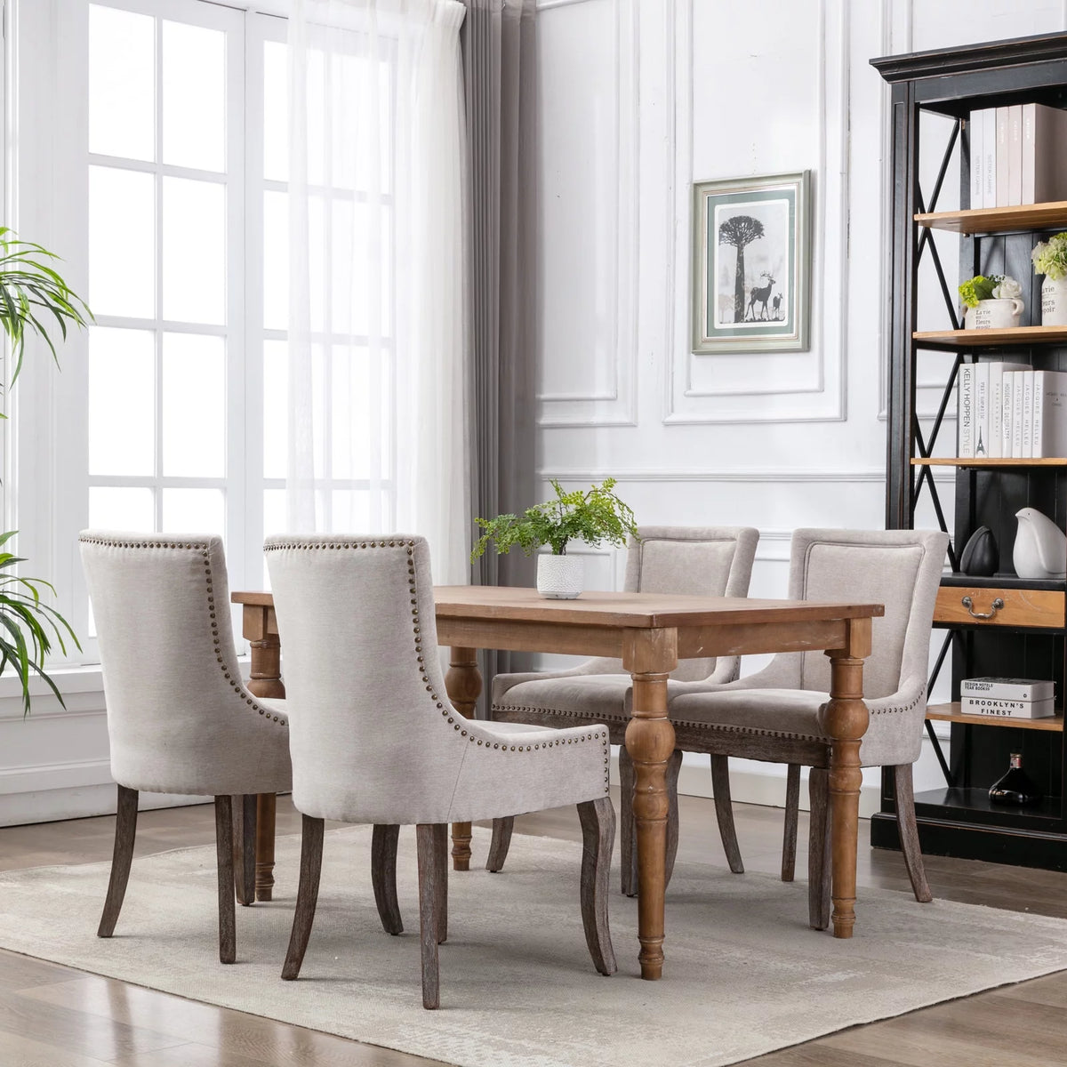 Beige Upholstered Fabric Dining Chairs Set of 6 with Solid Wood Legs H45681