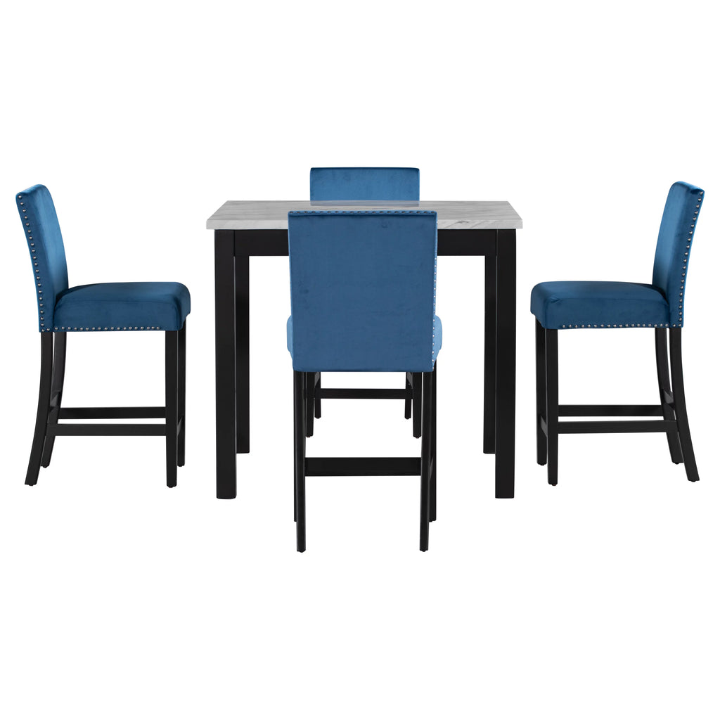 Blue 5-Piece Faux Marble Dining Table Set with 4 Upholstered Chairs X35922
