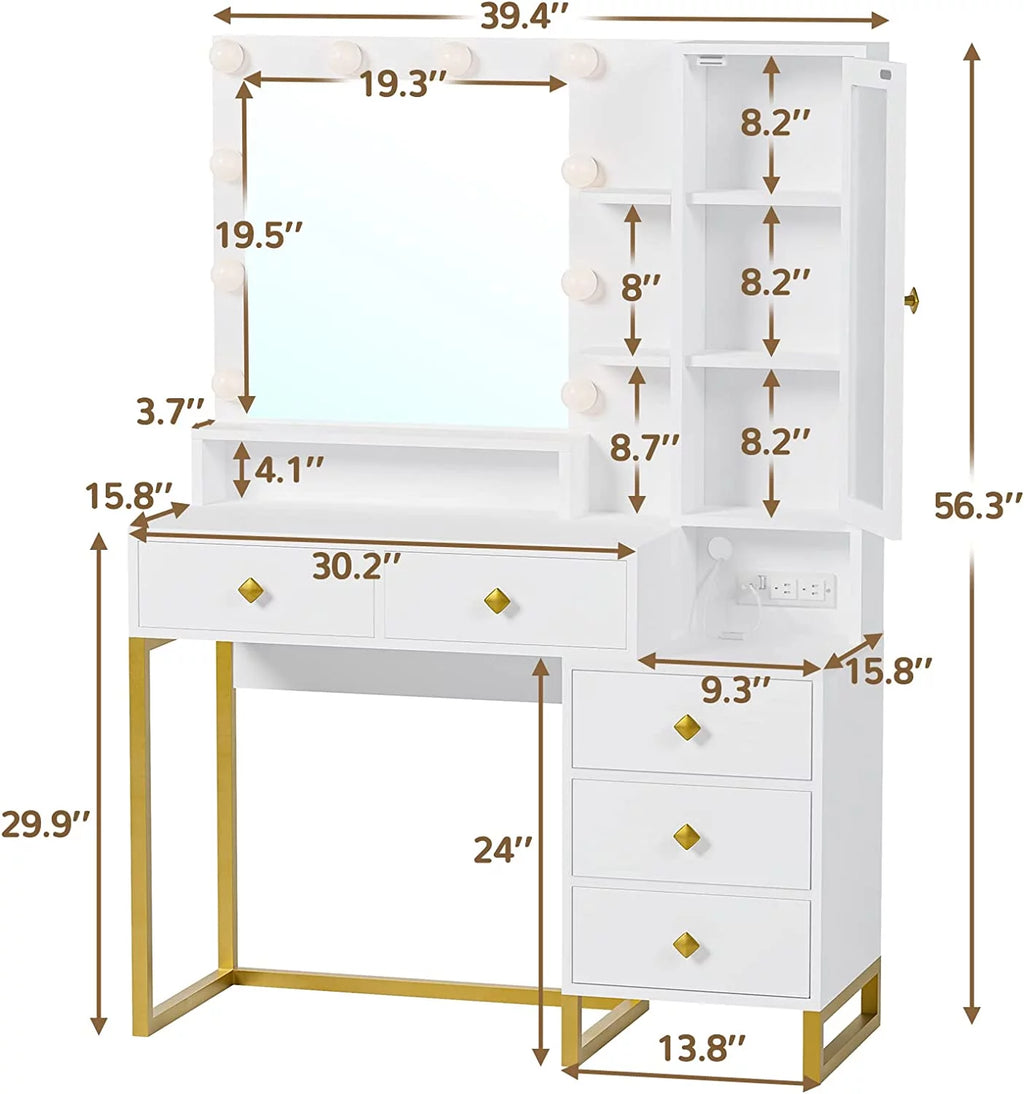White Makeup Vanity with Lights and 5 Drawers H872717