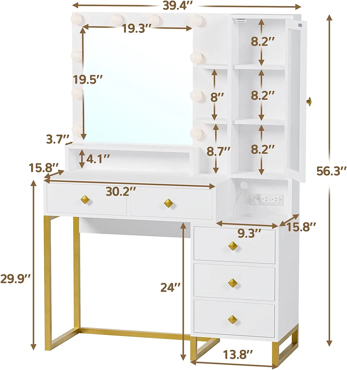 White Makeup Vanity with Lights and 5 Drawers H872717