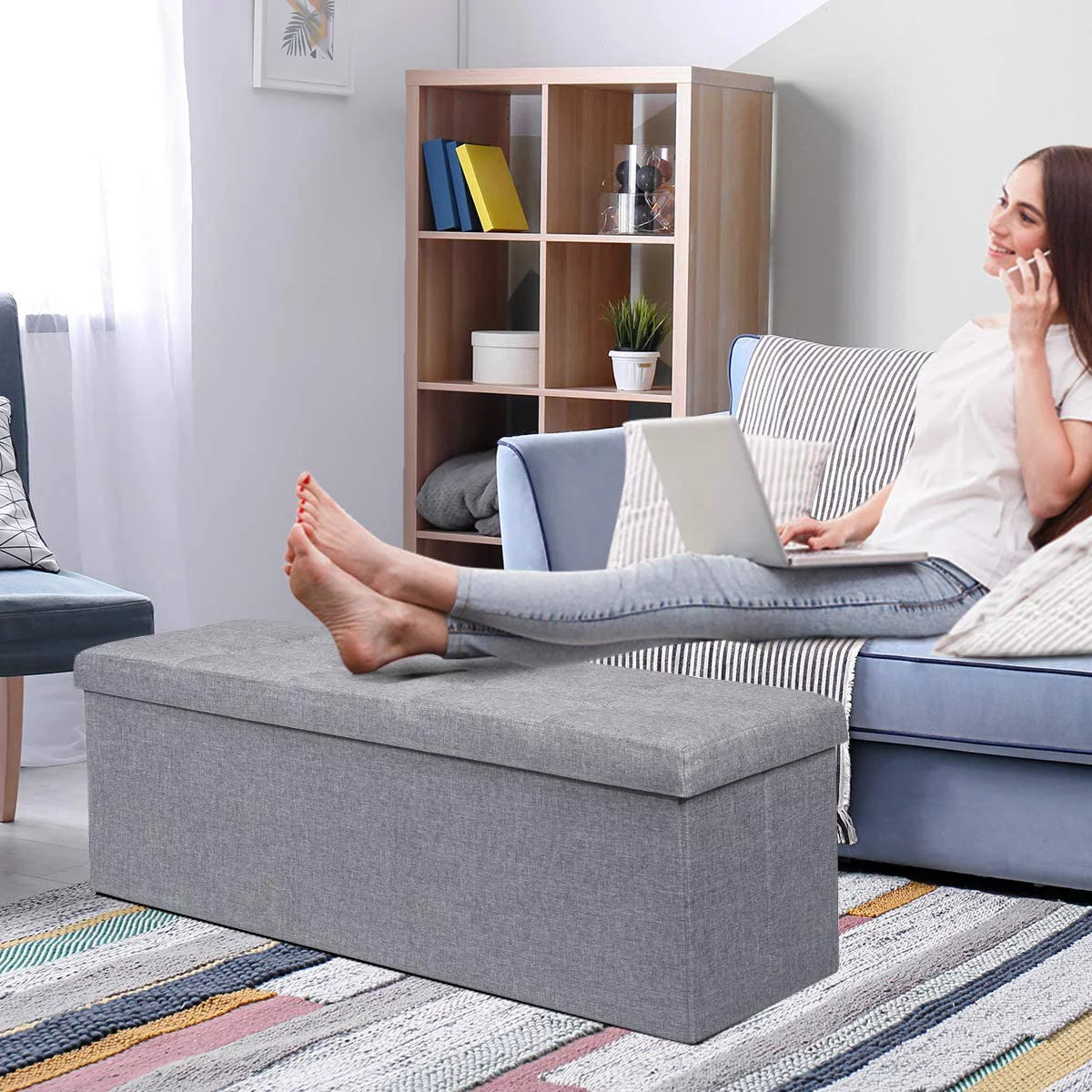 Light Gray Folding Storage Ottoman Bench K292684