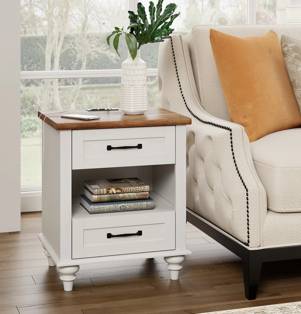 White and Brown Nightstand with Charging Station and Drawer I120055
