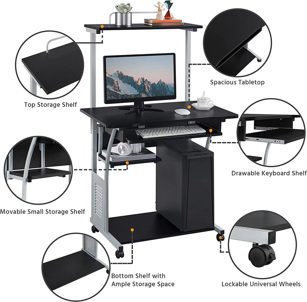Black 2 Tier Mobile Computer Desk with Printer Shelf Q94175