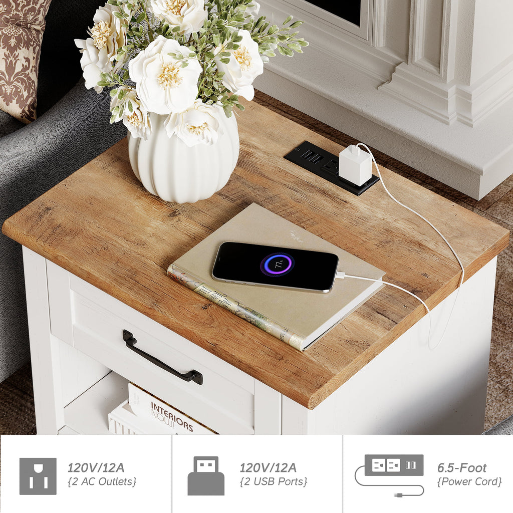 White and Brown Nightstand with Charging Station and Drawer I120055