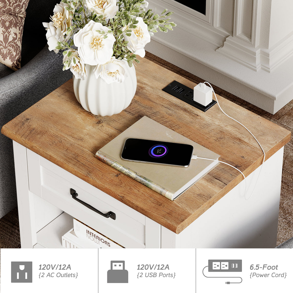 White and Brown Nightstand with Charging Station and Drawer I120055