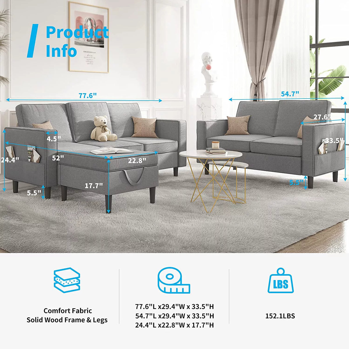 Light Gray Convertible Sectional Sofa with Storage Ottoman D163