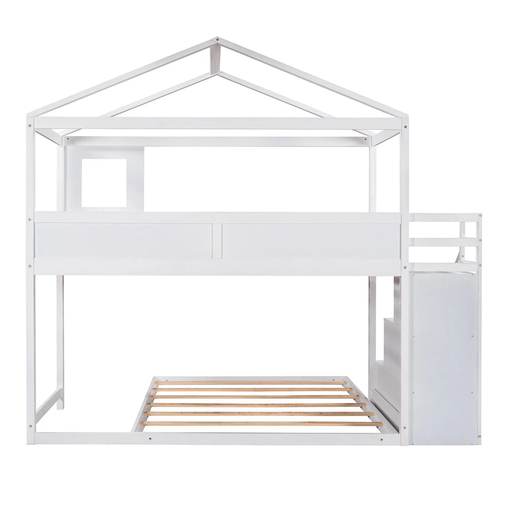White Solid Wood Twin over Full Bunk Bed with Storage Staircase X91123