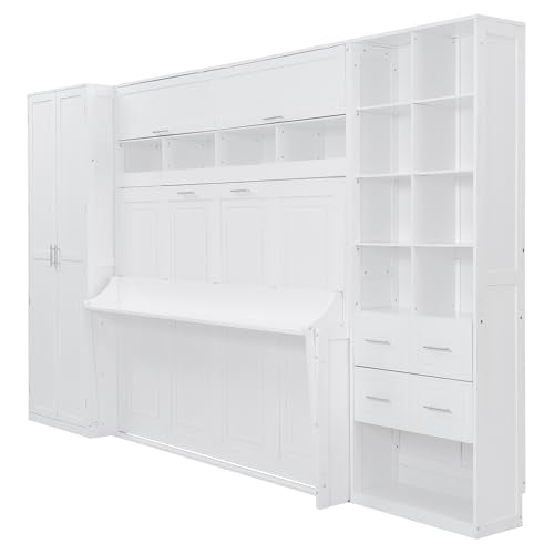 Queen Size Murphy Bed with Desk and Storage Drawers White Y389112