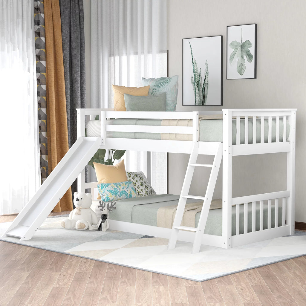 Twin over Twin Solid Wood Bunk Bed with Slide and Ladder F88336