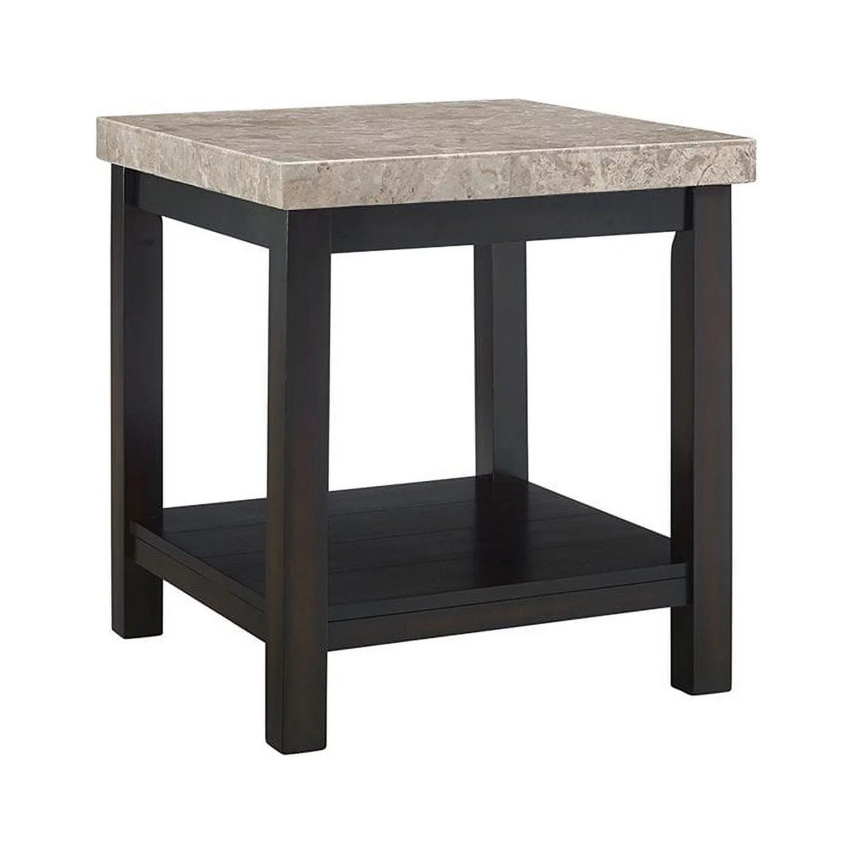 Square Wood End Table with Marble Top and Bottom Shelf in Espresso W22022