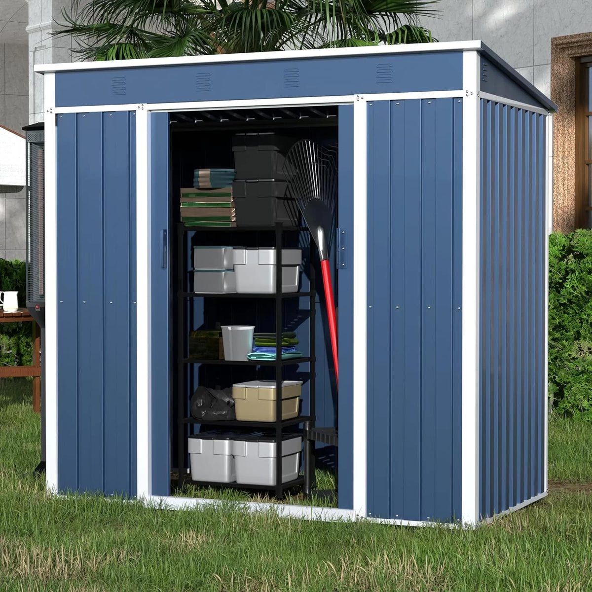 Blue White Metal Outdoor Storage Shed Q9499