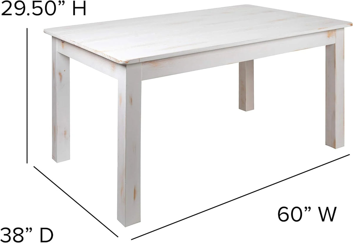 60" X 38" Rectangular Antique Rustic White Solid Pine Dining Table N412