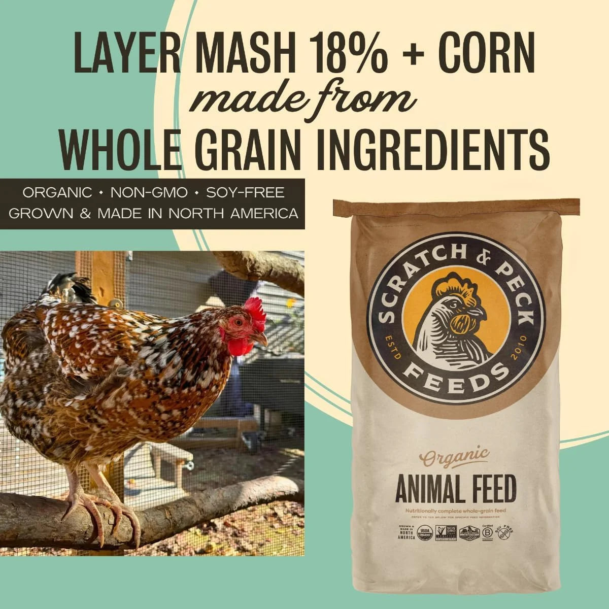 Organic Whole Grain Layer Feed + Corn 18% Protein Chicken and Duck Feed 40lb V755