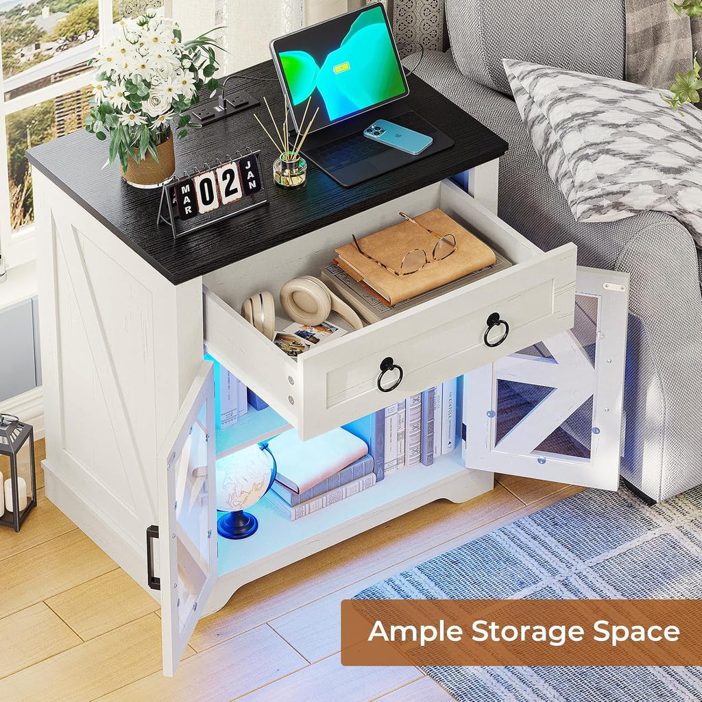 White Glass Door End Table with LED Lights and USB Port V83952