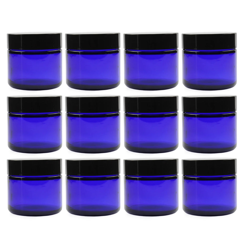 2 oz Cobalt Blue Glass Cosmetic Jars 12-Pack with Black Lined Lids W600