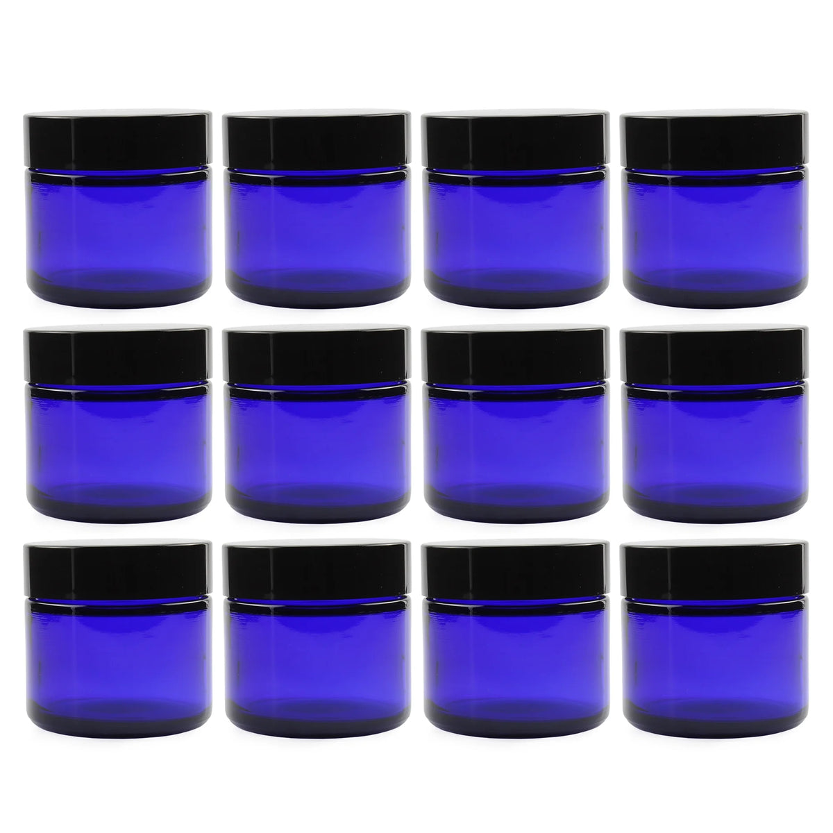 2 oz Cobalt Blue Glass Cosmetic Jars 12-Pack with Black Lined Lids W600