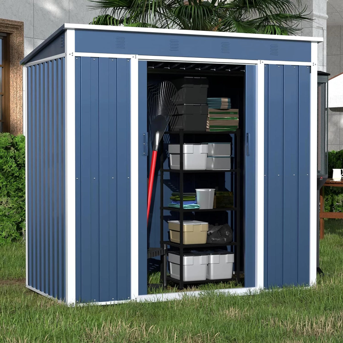Blue White Metal Outdoor Storage Shed Q9499