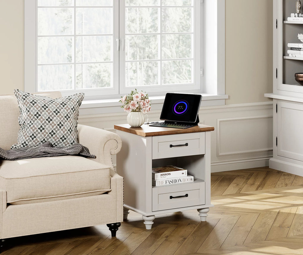 White and Brown Nightstand with Charging Station and Drawer I120055