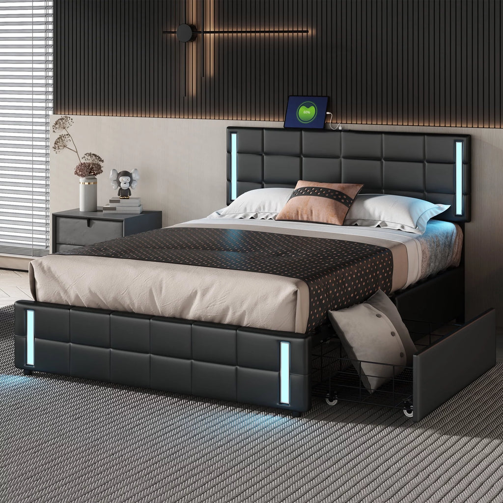 Queen Size Upholstered Platform Bed with LED Lights and USB Charging, 4 Drawers, Black S92292