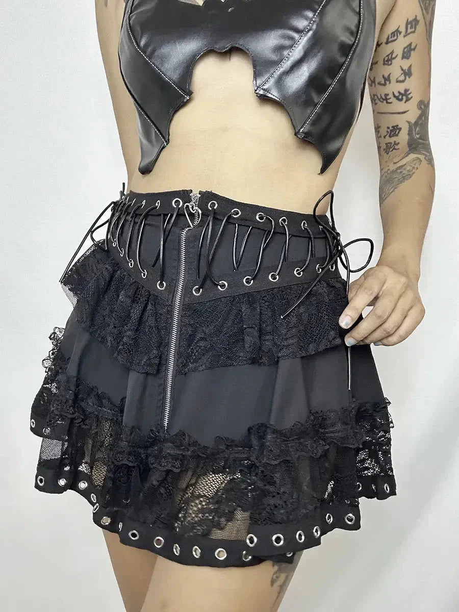 Goth Lolita Patchwork Lace Up Skirt M3666