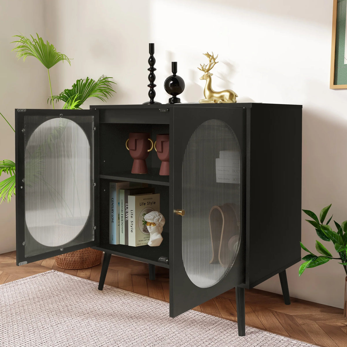 Black Sideboard and Buffets with 2 Doors and Adjustable Shelves U78885