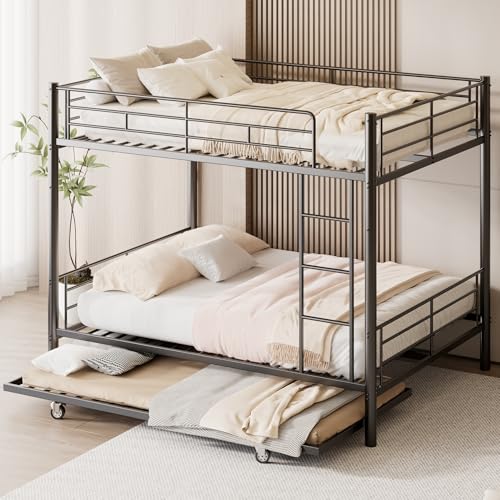 Full Over Full Bunk Bed with Trundle and Ladder, Black J306