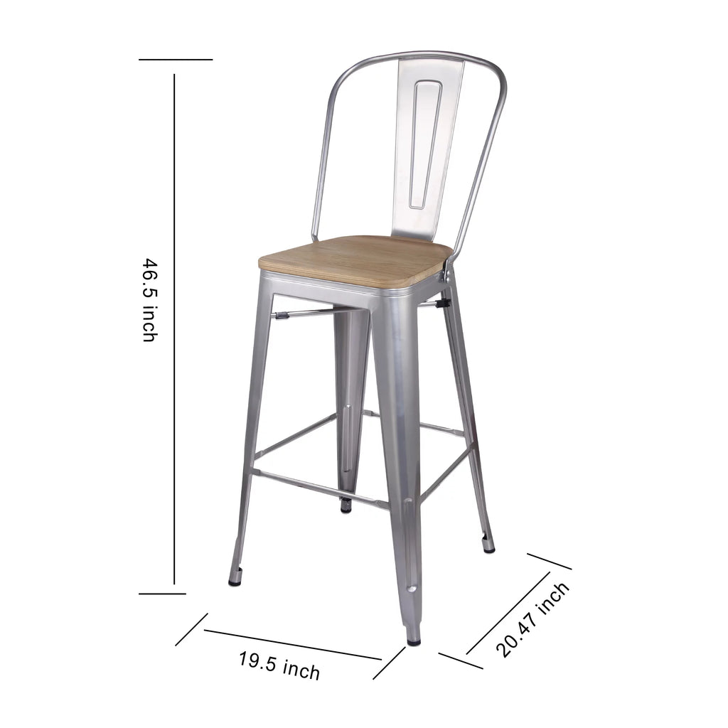 30 Inch Silver High Back Counter Height Metal Barstool with Light Wood Seat, Set of 4 I6099