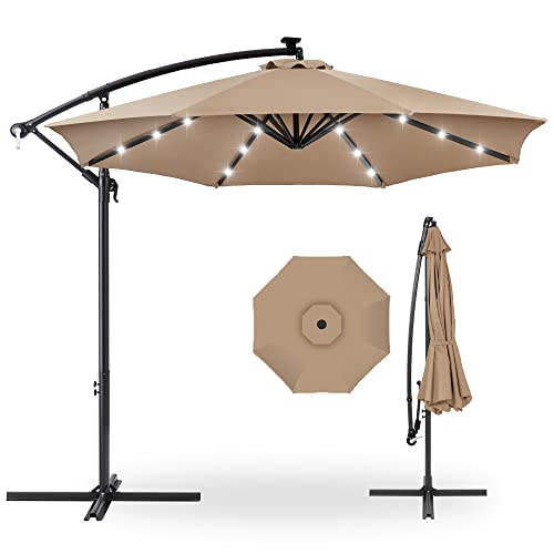 10ft Solar LED Offset Hanging Patio Umbrella with Easy Tilt Adjustment, Polyester Shade, 8 Ribs - Black T99472