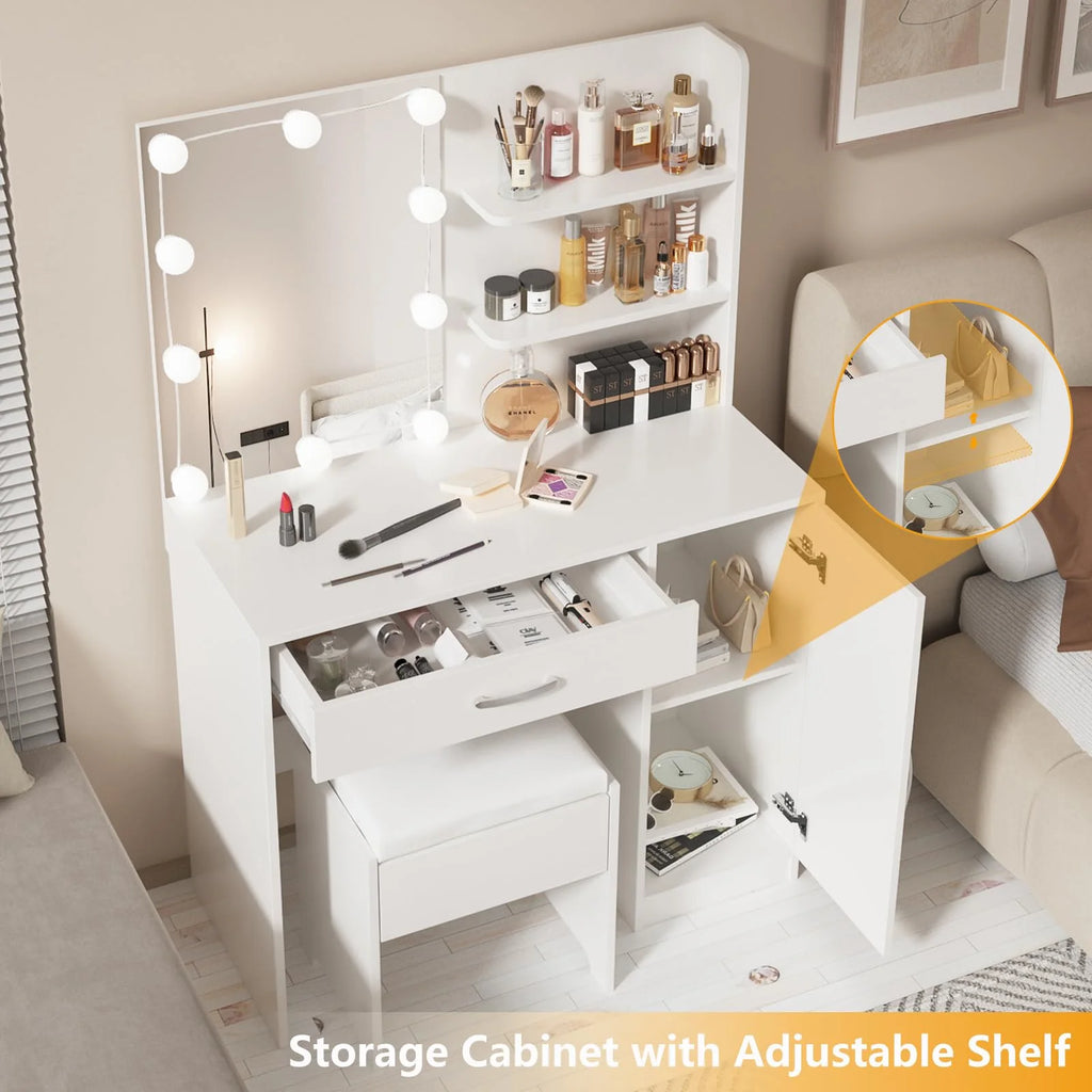 White Makeup Vanity Table Set with Lighted Mirror and Stool L27358