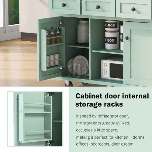 Farmhouse Kitchen Island with Power Outlet, Drop Leaf, Spice Rack and Drawer I325