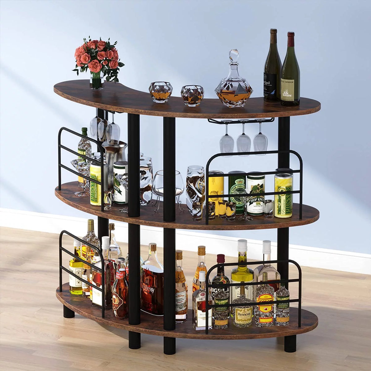 Rustic Brown 3 Tier Wine Bar Cabinet with Storage Shelves A379607