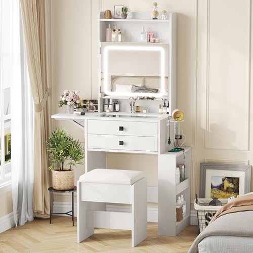 White Makeup Vanity Desk with Lighted Mirror and Chair X99870