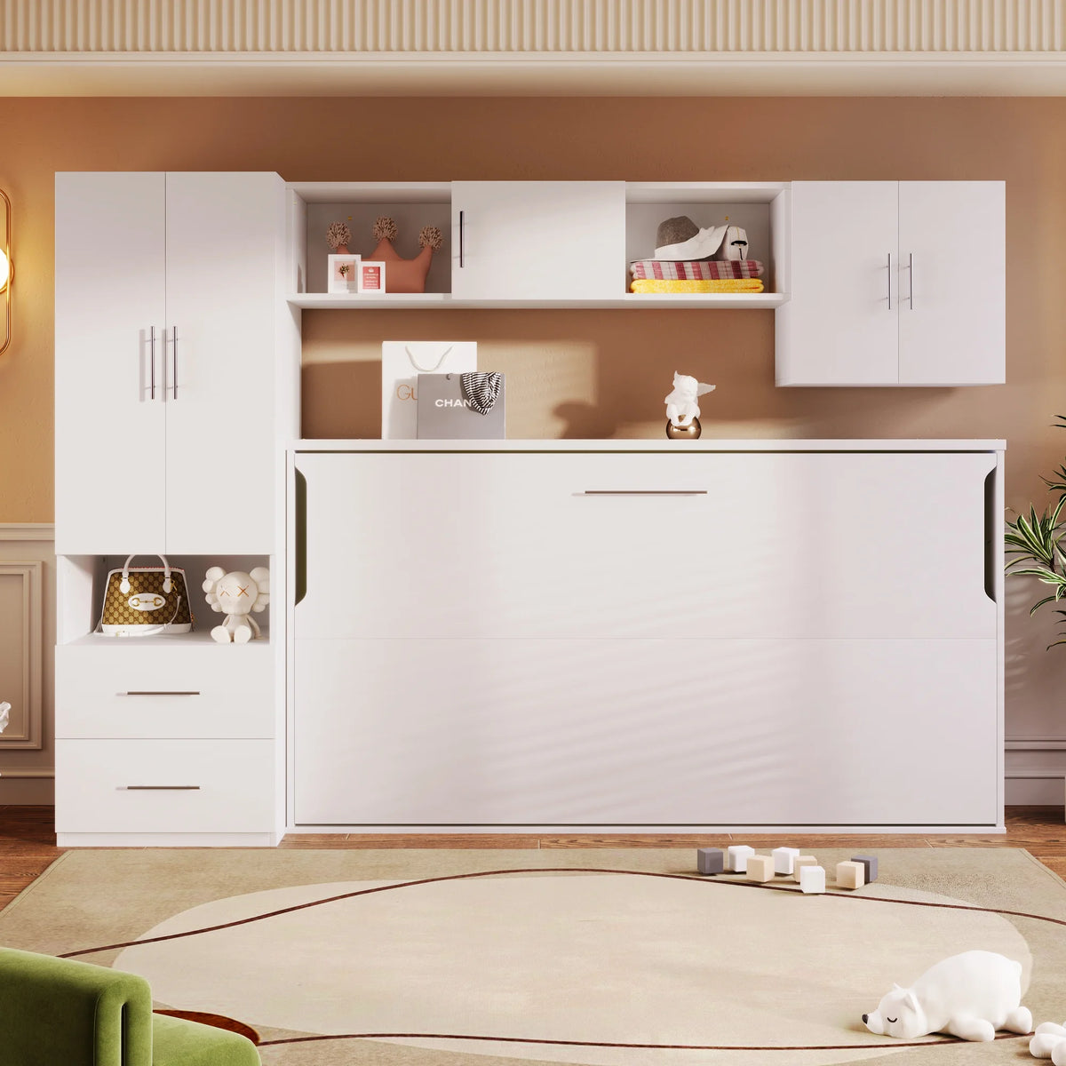 Twin Size Murphy Bed with Shelves Storage Drawers Wardrobe Table White Z58066