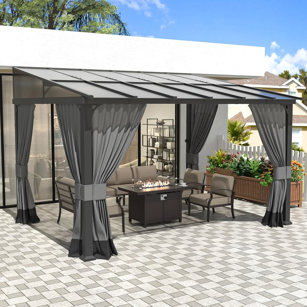 10x24FT Hardtop Wall Mounted Gazebo with Metal Frame and Curtains, Grey P4580