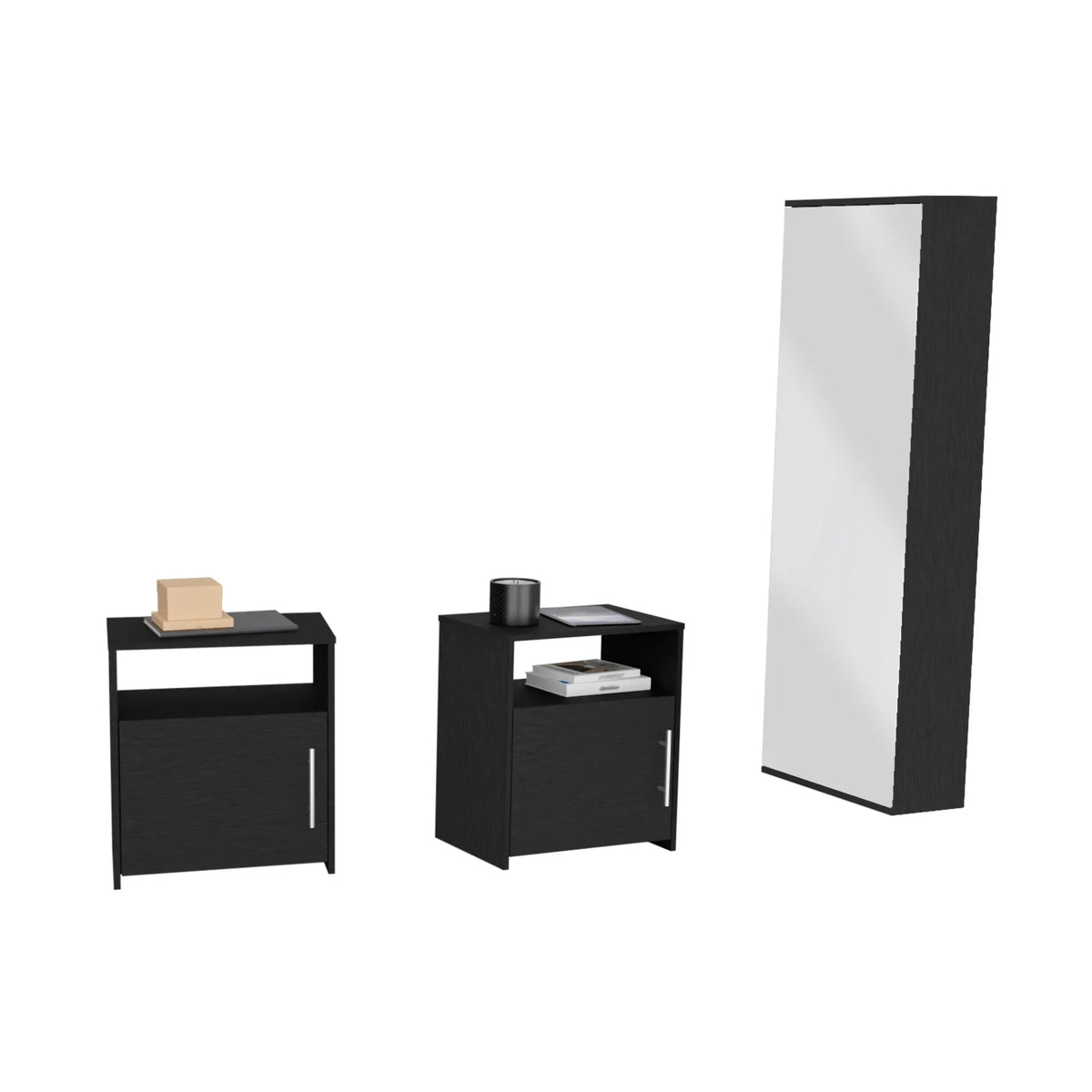 Black 3 Piece Bedroom Set with Shoe Rack and 2 Nightstands Y83856
