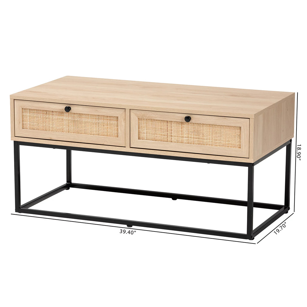 Natural Brown Wood and Rattan 2-Drawer Coffee Table G166
