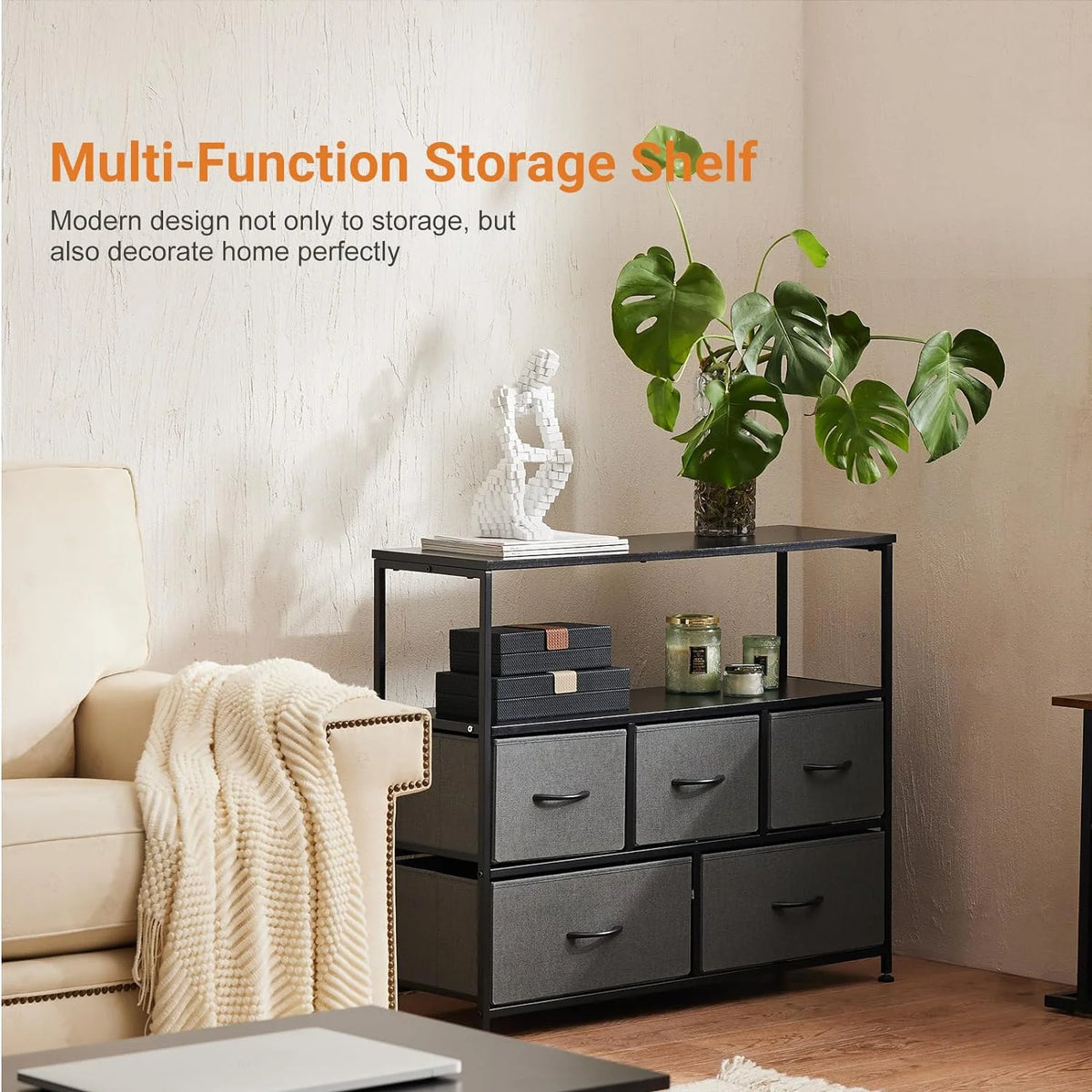 Dark Grey 5 Fabric Drawer Dresser TV Stand E8014