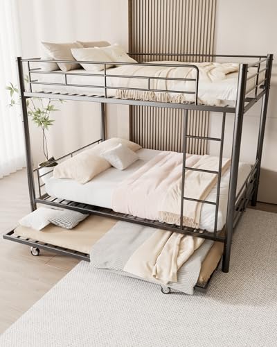 Full Over Full Bunk Bed with Trundle and Ladder, Black J306