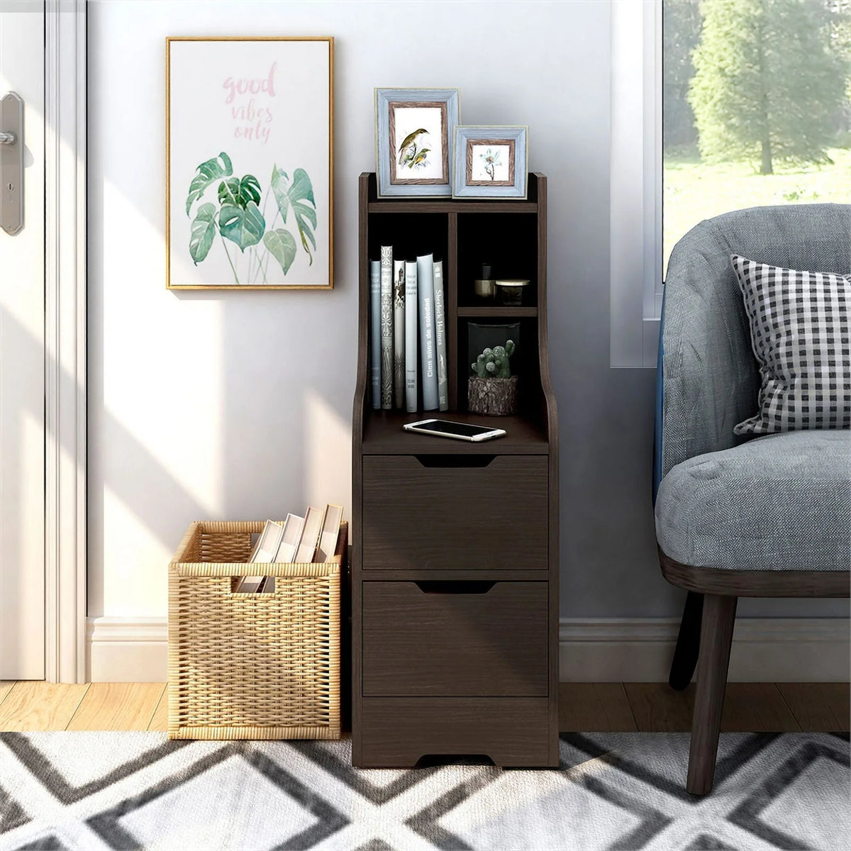 Walnut Wood 2-Drawer Nightstand with Open-Shelf D82816