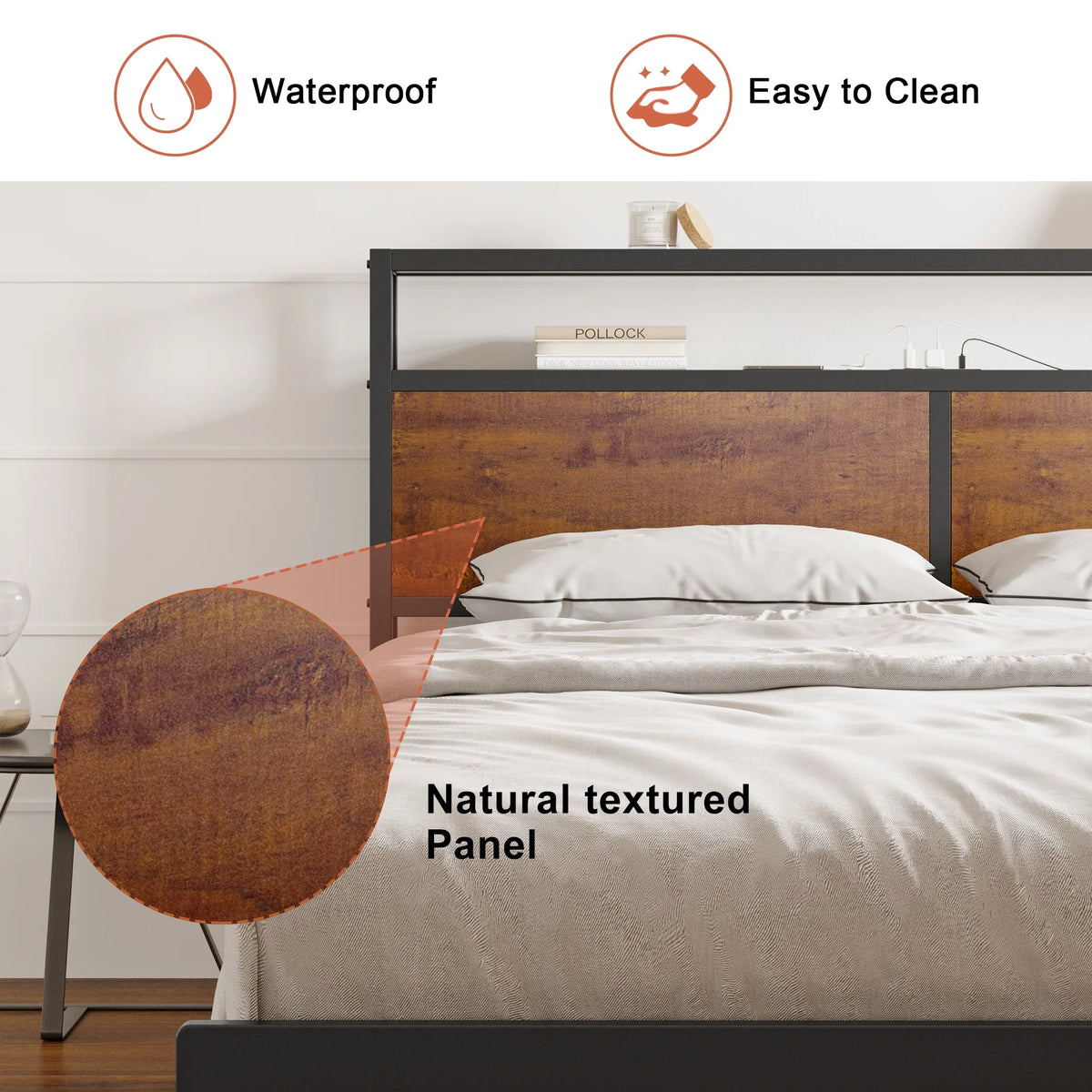 Queen Size Metal Platform Bed Frame with Wooden Headboard M89649