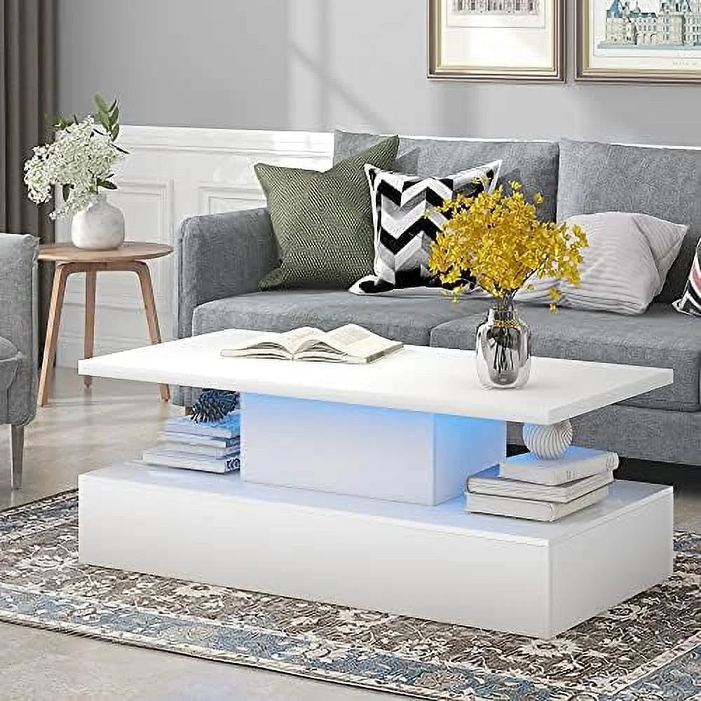 White LED Coffee Table with Drawers S651