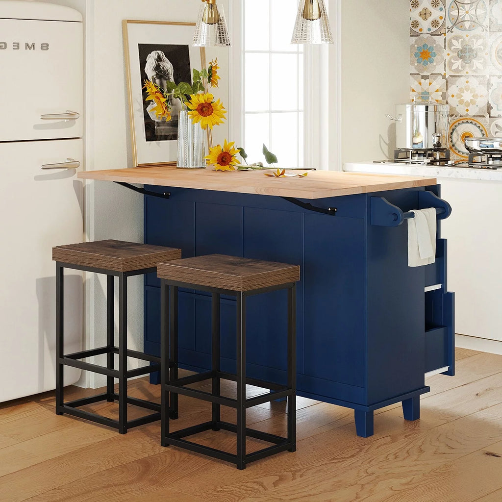 Blue Kitchen Island Set with Drop Leaf and 2 Seatings I736