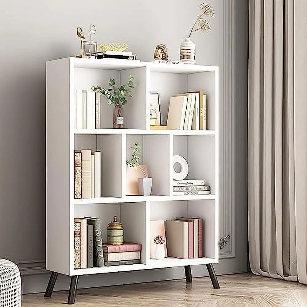 White 7 Cube 3 Tier Wood Bookshelf S9333