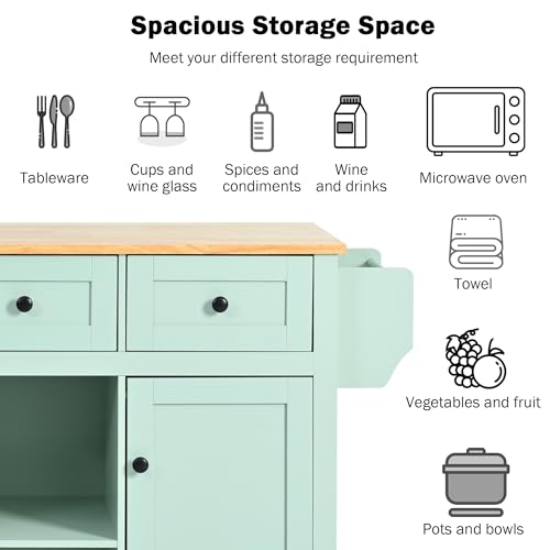 Farmhouse Kitchen Island with Power Outlet, Drop Leaf, Spice Rack and Drawer I325