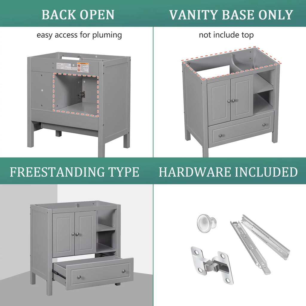 Grey 30" Wood Bathroom Vanity Base with Doors and Shelf K79371