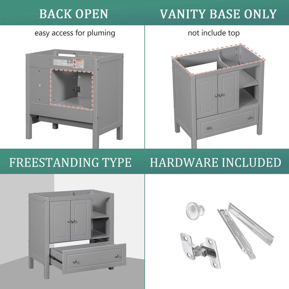 Grey 30" Wood Bathroom Vanity Base with Doors and Shelf K79371