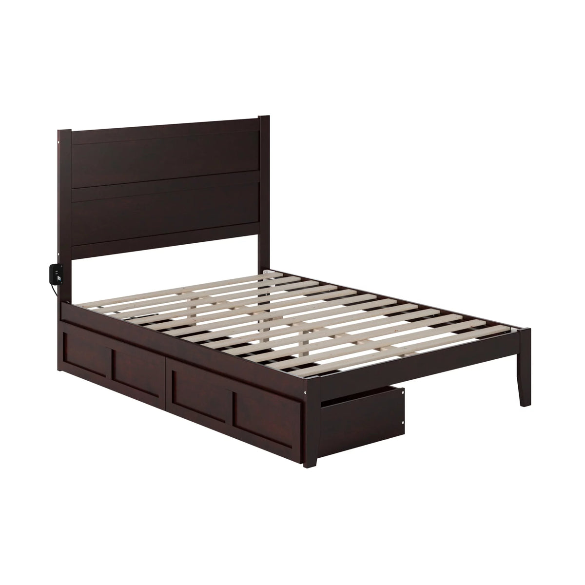 Full Solid Wood Bed with 2 Drawers and USB Charger in Espresso T91826