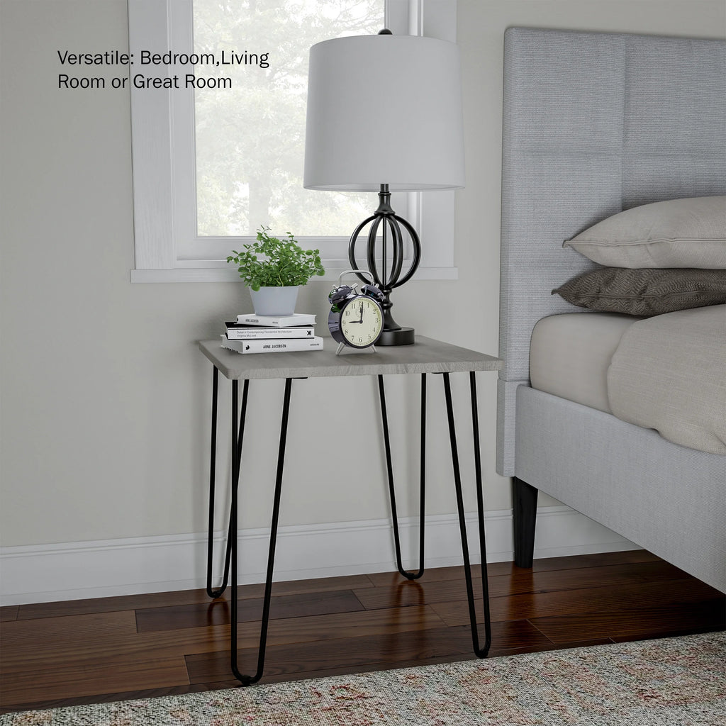 Modern End Table with Hairpin Legs and Woodgrain Finish Gray R697