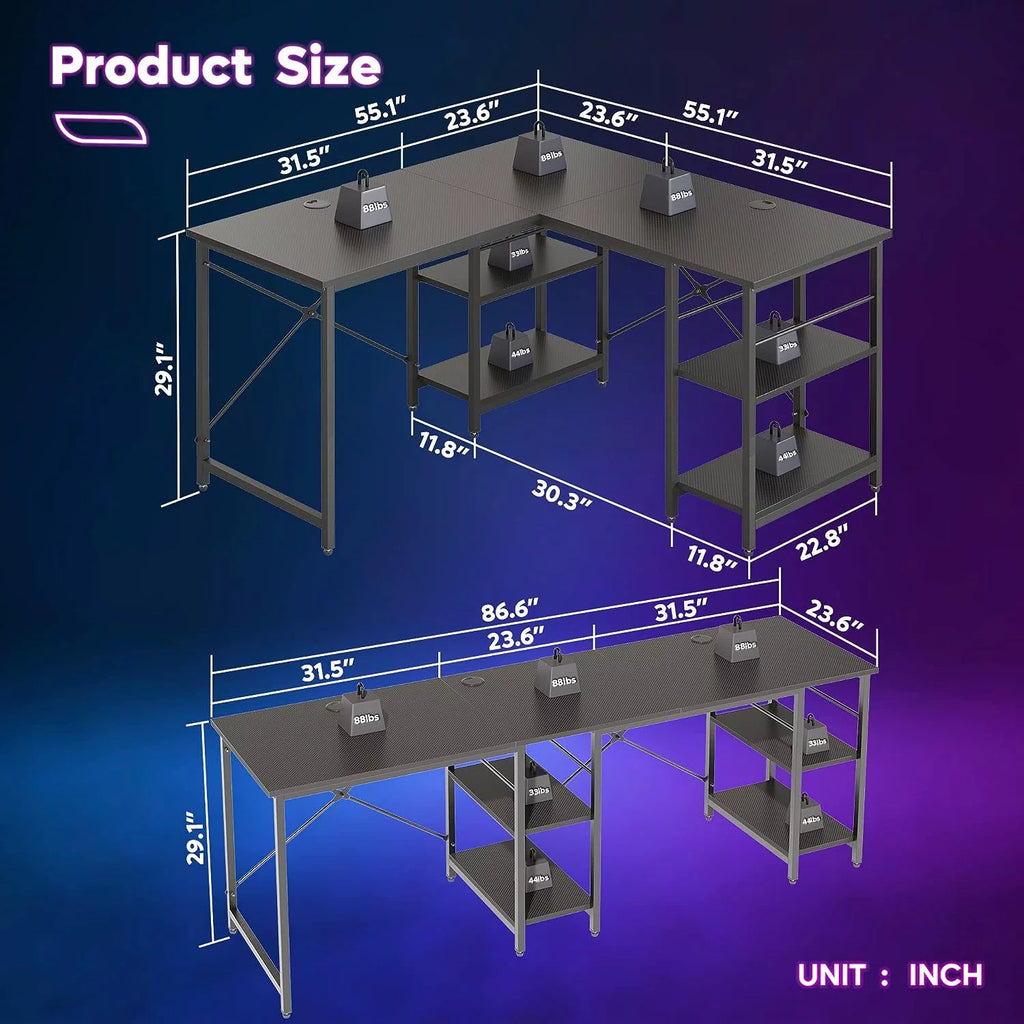 86.6 inch L-Shaped Reversible Computer Desk with Shelves V969